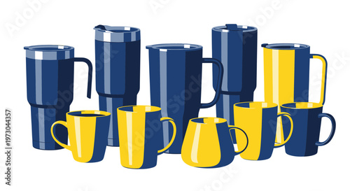 Assortment of Blue and Yellow Coffee Mugs and Tumblers Collection