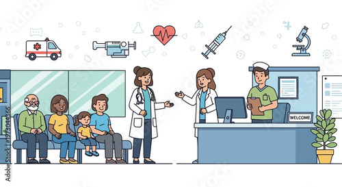 Diverse patients waiting in clinic lobby with medical staff interaction and healthcare icons