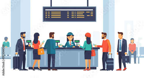 Diverse travelers queuing at airport check-in counter with flight information board