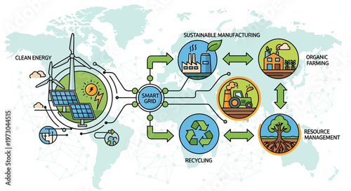 Smart Grid Concept: Clean Energy, Sustainable Manufacturing, Organic Farming, Recycling, Resource Management