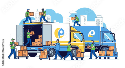 Movers Loading Boxes onto Trucks in City, Logistics and Delivery Service