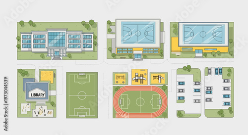 Aerial View of School Campus Buildings, Sports Fields, and Facilities