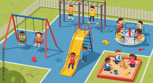 Happy Children Playing on Outdoor Playground Equipment, Swings, Slide, Merry-Go-Round
