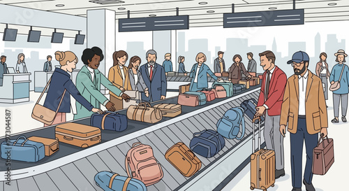 Diverse travelers collecting luggage at airport baggage claim carousel, travel concept