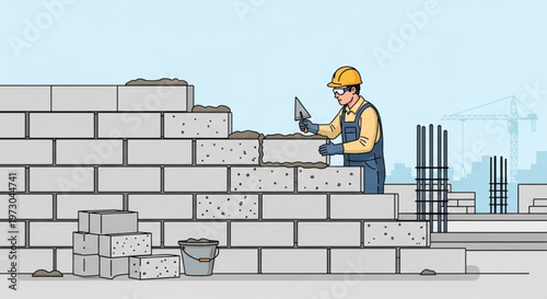 Professional Mason Building a Masonry Wall Illustration
