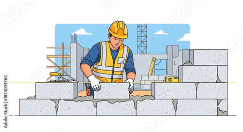 Professional Mason Laying Building Blocks on a Construction Site