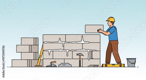Construction Worker Building a Masonry Wall Illustration