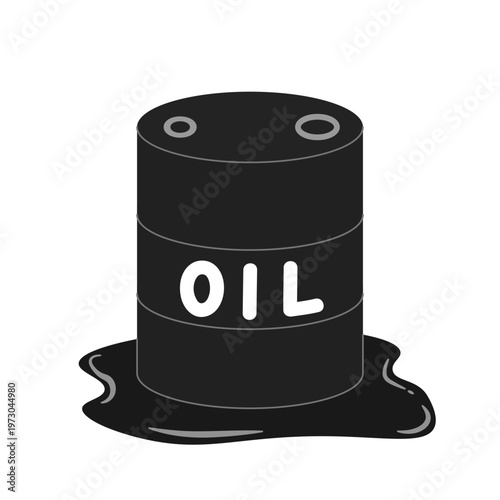 主線なしのフラットなドラム缶と漏れ出すオイルのイラスト | 環境汚染やエネルギー資源のイメージ