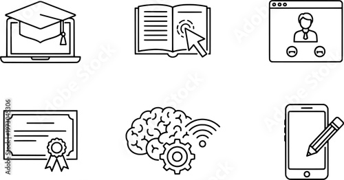 Minimalist e-learning and digital education icon set, "Created with AI assistance and manually refined."