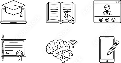 Clean outline online classroom and academic technology symbols collection, "Created with AI assistance and manually refined."