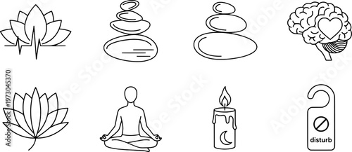 Clean outline mindfulness and self-care symbols collection, "Created with AI assistance and manually refined."