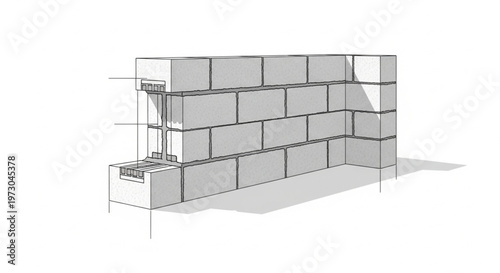 Technical 3D Illustration of AAC Block Wall Construction with Reinforcement Detail
