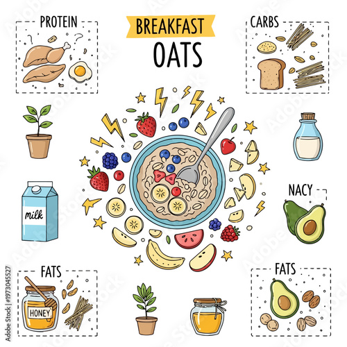 Breakfast oats illustration with a bowl of oatmeal surrounded by various healthy ingredients and nutritional components like protein, carbs, and fats.