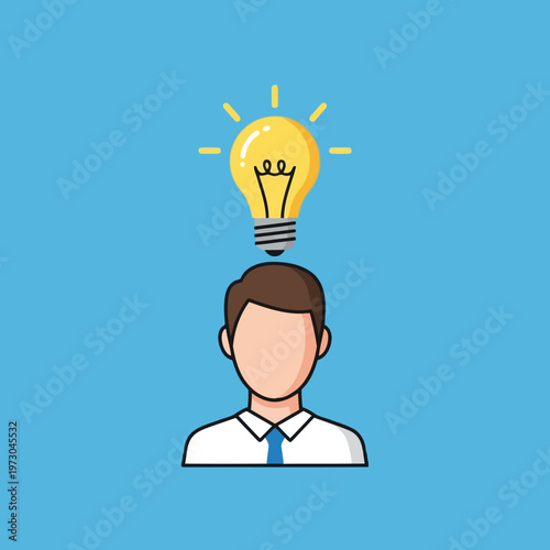 A male avatar with a bright idea lightbulb above his head, symbolizing creativity, innovation, and problem-solving, set against a light blue background.