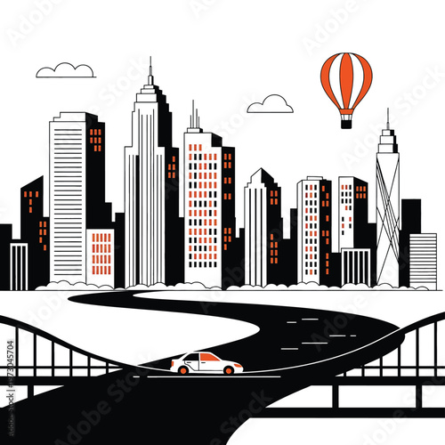 Car Drives Over City Bridge Road.