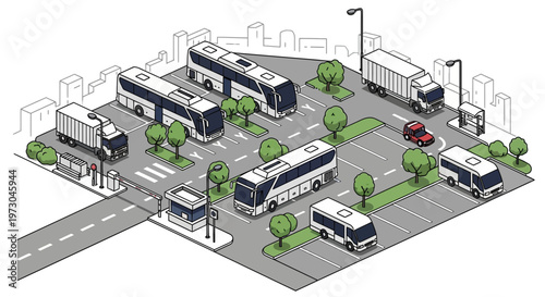 Isometric Bus Station with Trucks and Cars, Transportation Hub