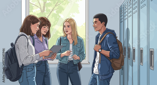 Diverse group of teenagers talking in school hallway near lockers and window