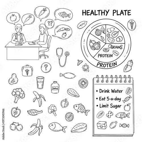 Healthy plate nutrition guide with doctor and patient consultation including various food icons and dietary tips for wellness and balanced diet and lifestyle vector.