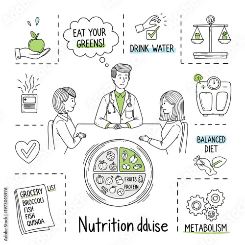 Nutrition advice vector illustration with doctor and patients discussing healthy diet plan including fruits vegetables protein icons and metabolic process symbols set.