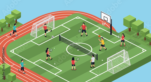 Isometric Sports Complex: Football, Tennis, Basketball, Running Track, Diverse Activities