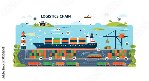 Global Logistics Chain: Ship, Train, Truck, Crane, Lighthouse, Cargo Containers