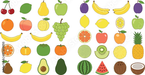 Fruit collection with various fresh fruits including apple banana pineapple watermelon and citrus cartoon vector illustration set of healthy food