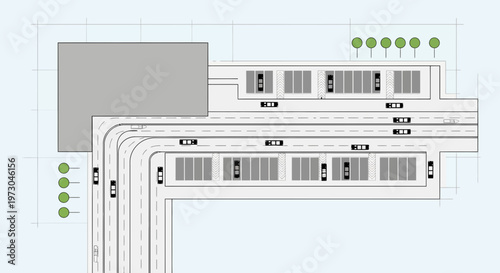 Aerial view of a modern building with a large parking lot and access road