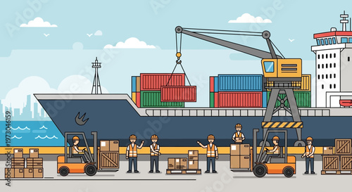 Cargo ship loading containers with forklifts and workers at a busy port, illustration