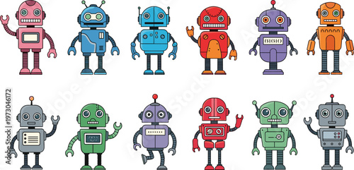 Retro robot cartoon character collection with colorful vintage android designs vector illustration set of cute technology mascots isolated on light background