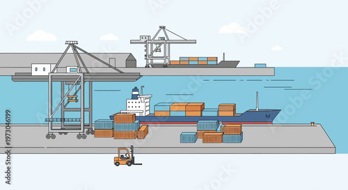 Container Ship Loading and Unloading at a Busy Port with Cranes and Forklift