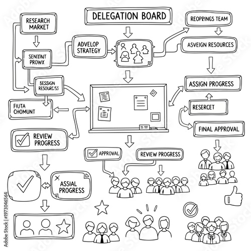 Delegation board process flowchart illustrating steps for research develop strategy assign resources and review progress with team collaboration.
