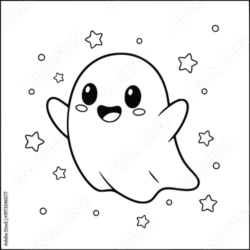 Halloween coloring page of a cute happy ghost floating with stars