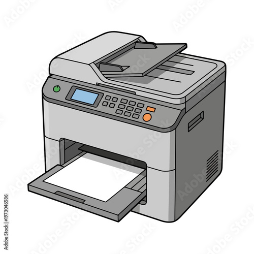 Modern multifunction office printer and photocopier machine with paper tray and control panel for business printing and document scanning and copying tasks vector.