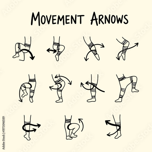 Movement arrows for physical therapy and leg exercise instructions with various directions and rotation paths for fitness and rehabilitation and mobility guide vector.