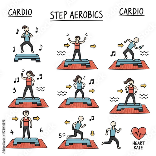 People engaged in step aerobics and cardio exercises for fitness, with musical notes and heart rate monitor for energetic workout routine.