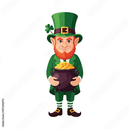 Cartoon Leprechaun Holding Gold Coins Pot.