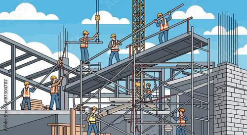 Construction workers building structure on scaffolding, heavy industry, progress, teamwork