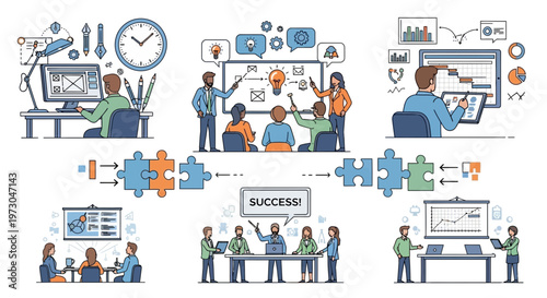 Teamwork, brainstorming, planning, and success in business illustration
