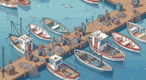Fishing boats unloading catch at harbor pier, isometric view, pixel art style