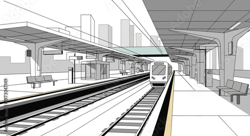 Modern train station platform with arriving commuter train and city skyline