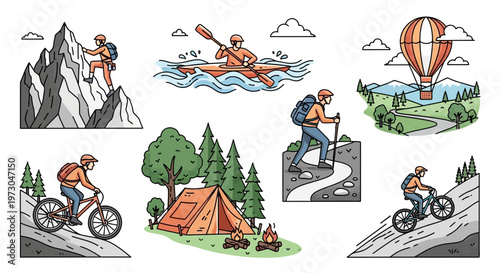 Outdoor Adventure Collage: Hiking, Kayaking, Biking, Climbing, Camping, Hot Air Balloon