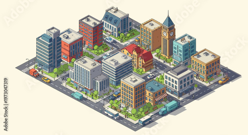 Isometric Cityscape with Buildings, Streets, and Vehicles - Pixel Art Style
