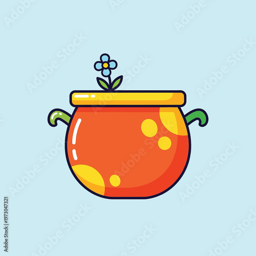 Cartoon terracotta flower pot with plant.