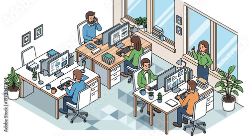 Isometric Office Workspace with People Working on Computers and Talking on Phones