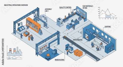 Isometric Factory Floor Plan: Industrial Operations, Assembly Line, Quality Control, Manufacturing