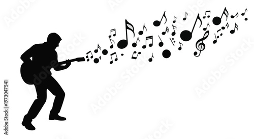 Silhouette of a musician playing guitar with musical notes flowing out