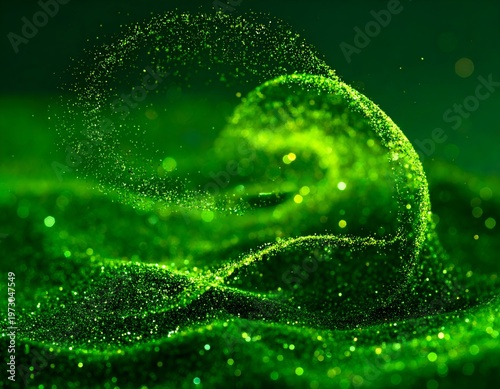 Glowing green particles swirl and drift creating a dynamic, abstract and shimmering effect