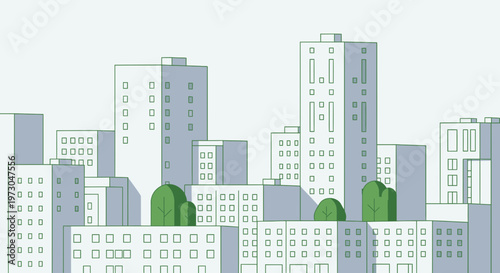 Modern Cityscape Illustration with Green Trees and Buildings