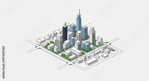 Isometric cityscape illustration with modern skyscrapers and urban blocks on white background