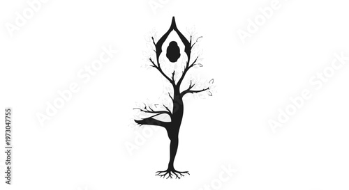 Ethereal tree person in a graceful yoga pose symbolizing growth and connection to nature